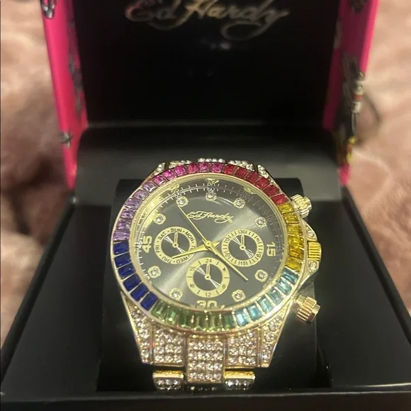 Ed Hardy Gold-Tone Rainbow Crystal Chronograph Watch - Picture 6 of 6